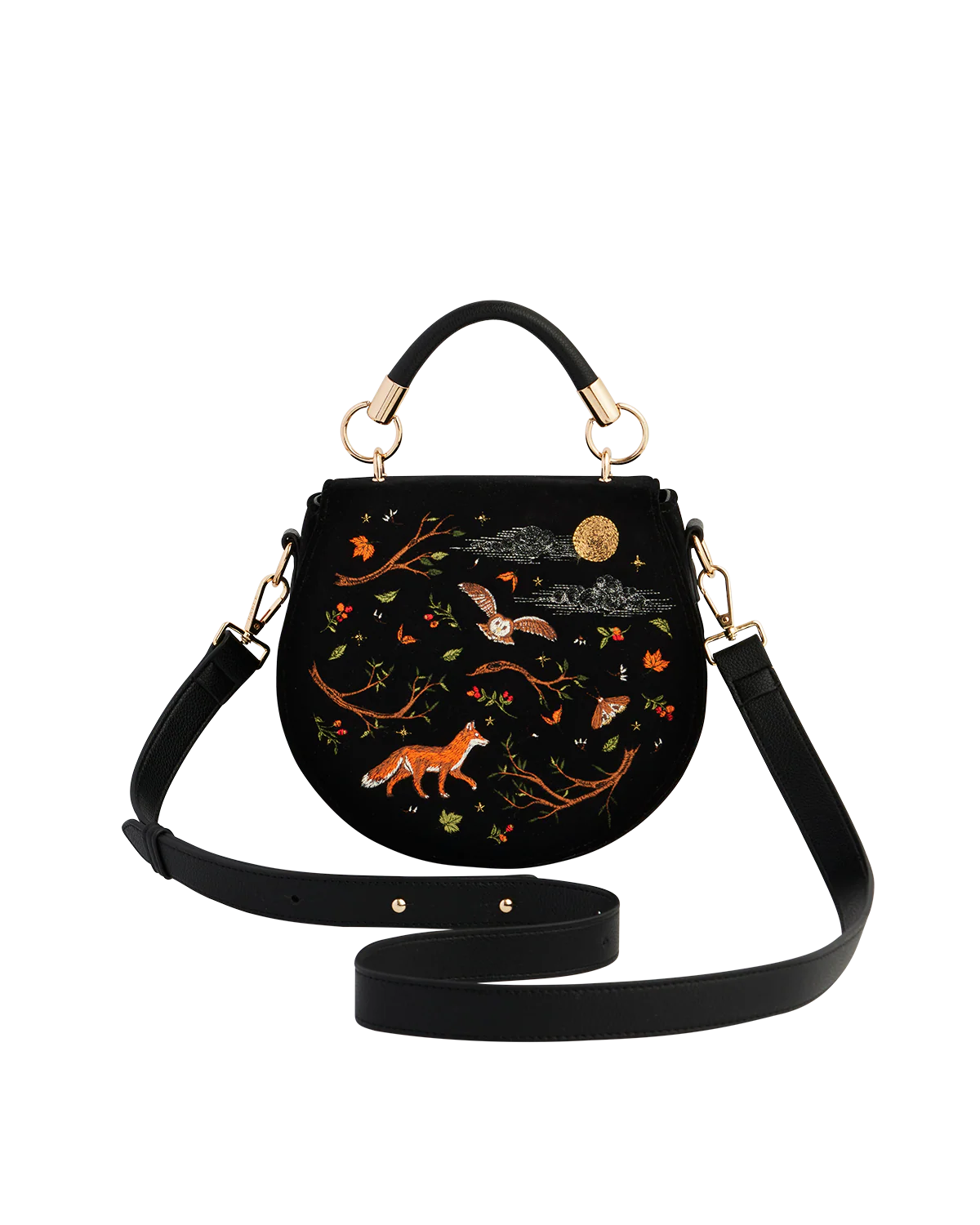Black Fox & Owl Embroidered Top Handle Saddle Bag - Image 4