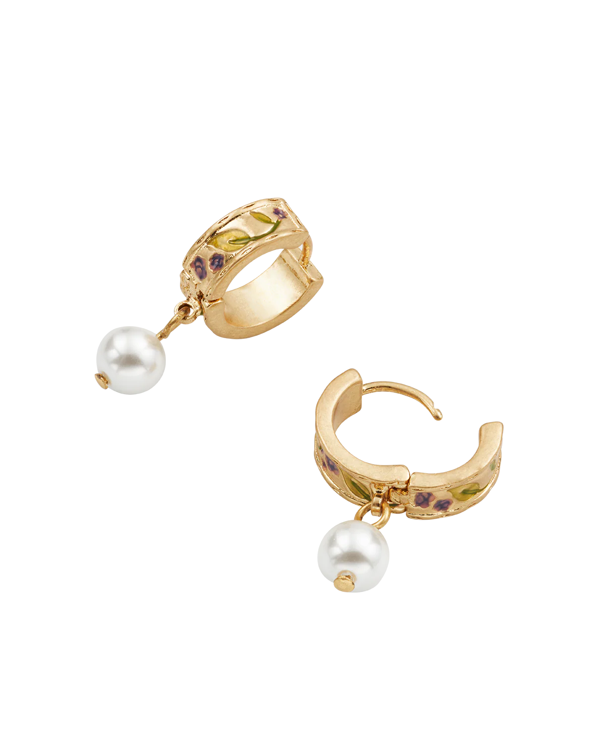 Gold Blackberry Bramble Pearl Drop Huggie Earrings - Image 4