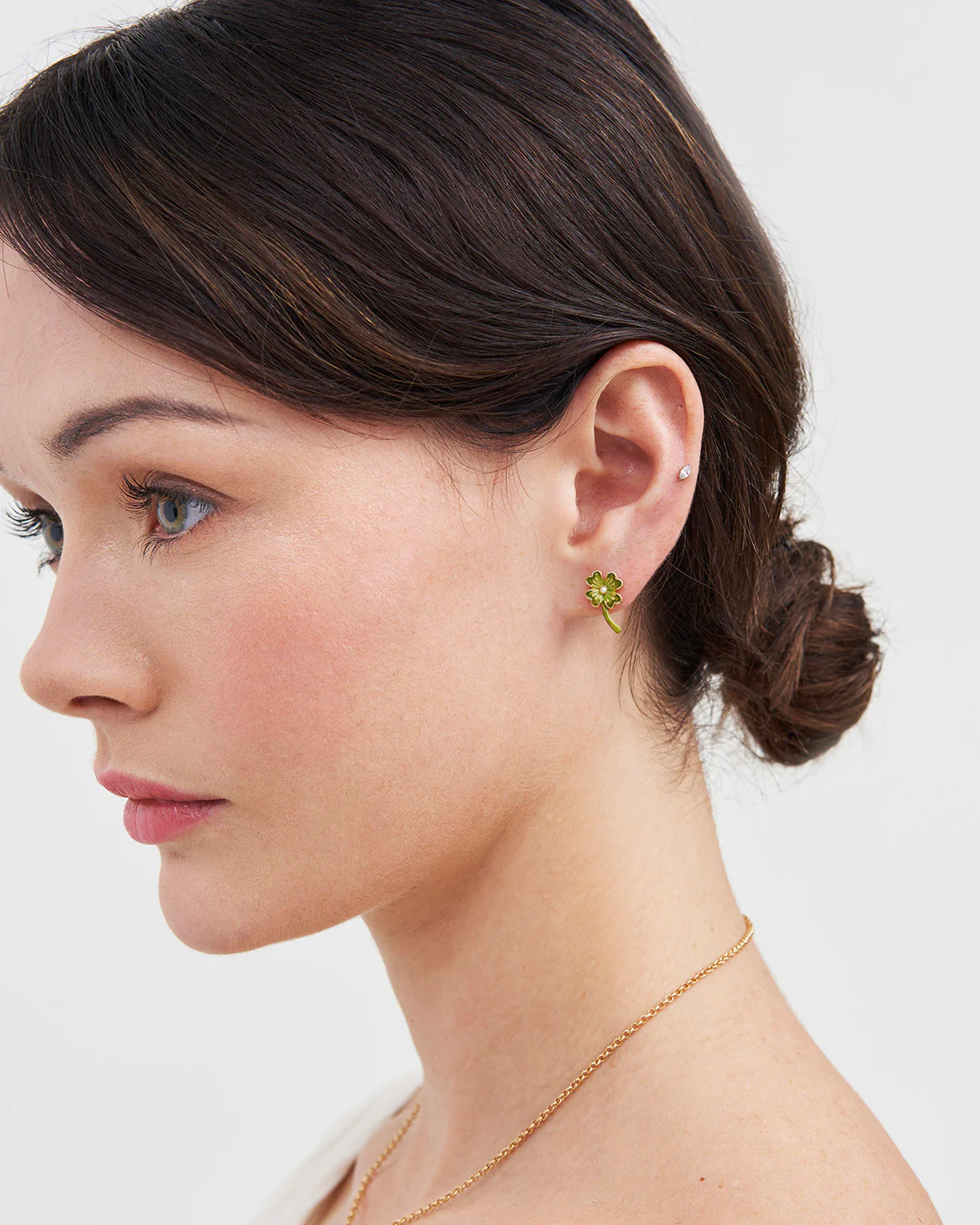Gold Lucky Clover & Pearl Stud Earrings - Image 2