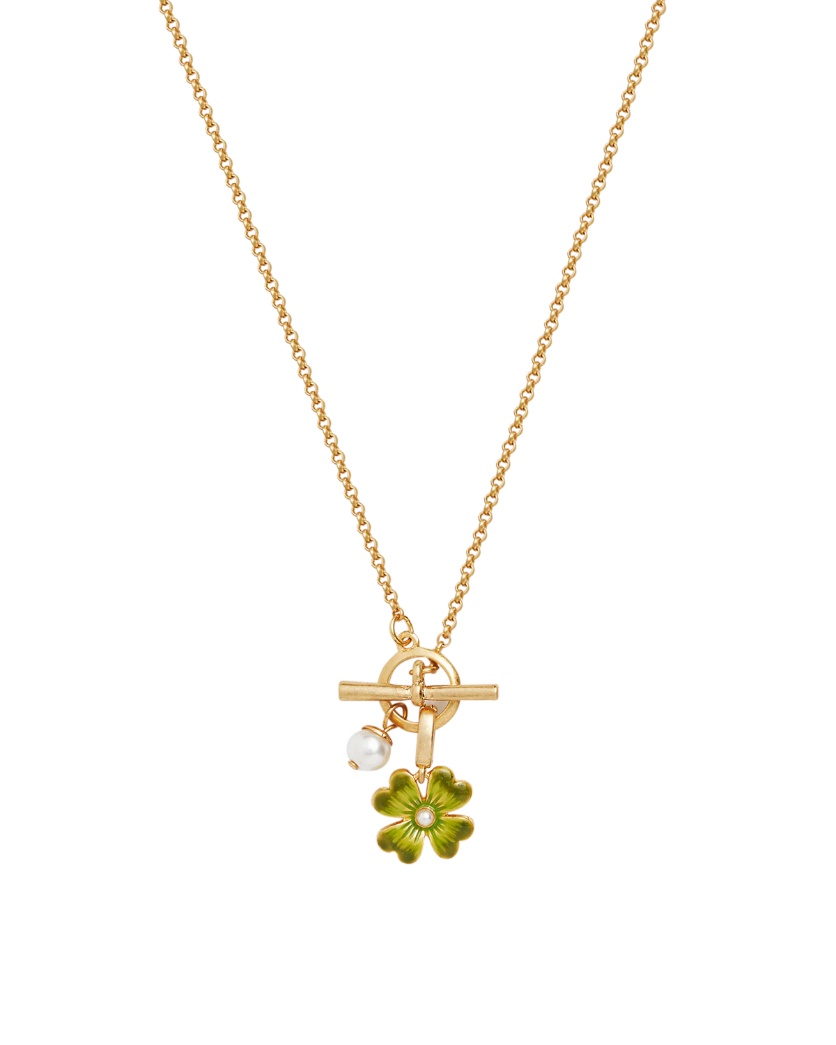 Gold Lucky Clover & Pearl Toggle Necklace - Image 4